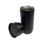 A black, stainless steel travel mug with its lid removed lies on its side. The mug has a smooth, matte finish and a durable, insulated design, ideal for keeping beverages hot or cold. The lid is placed next to the mug.