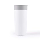 A sleek, white travel mug with a light gray lid. The mug has a smooth, minimalist design and stands upright against a plain white background.