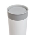 A close-up of a white cylindrical tumbler with a gray lid. The tumbler is shown against a white background, highlighting its sleek and minimalist design.