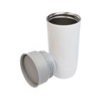 A white stainless steel travel mug with a light gray lid, shown on its side. The lid is detached and placed beside the mug, highlighting its screw-on design. The interior of the mug is visible, displaying its metallic lining.