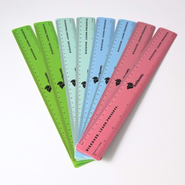 A fan arrangement of seven colorful plastic rulers on a white background. The rulers are in shades of green, blue, and pink, each marked with measurements in centimeters and the words DISCOVER. LEARN. PRESERVE. along with a logo.
