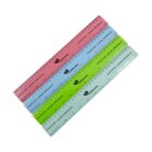 Four colorful plastic rulers are displayed—pink, yellow, green, and blue—each marked with centimeters and inches. The rulers are laid out in a slightly fanned arrangement, showcasing their transparent design and branding.