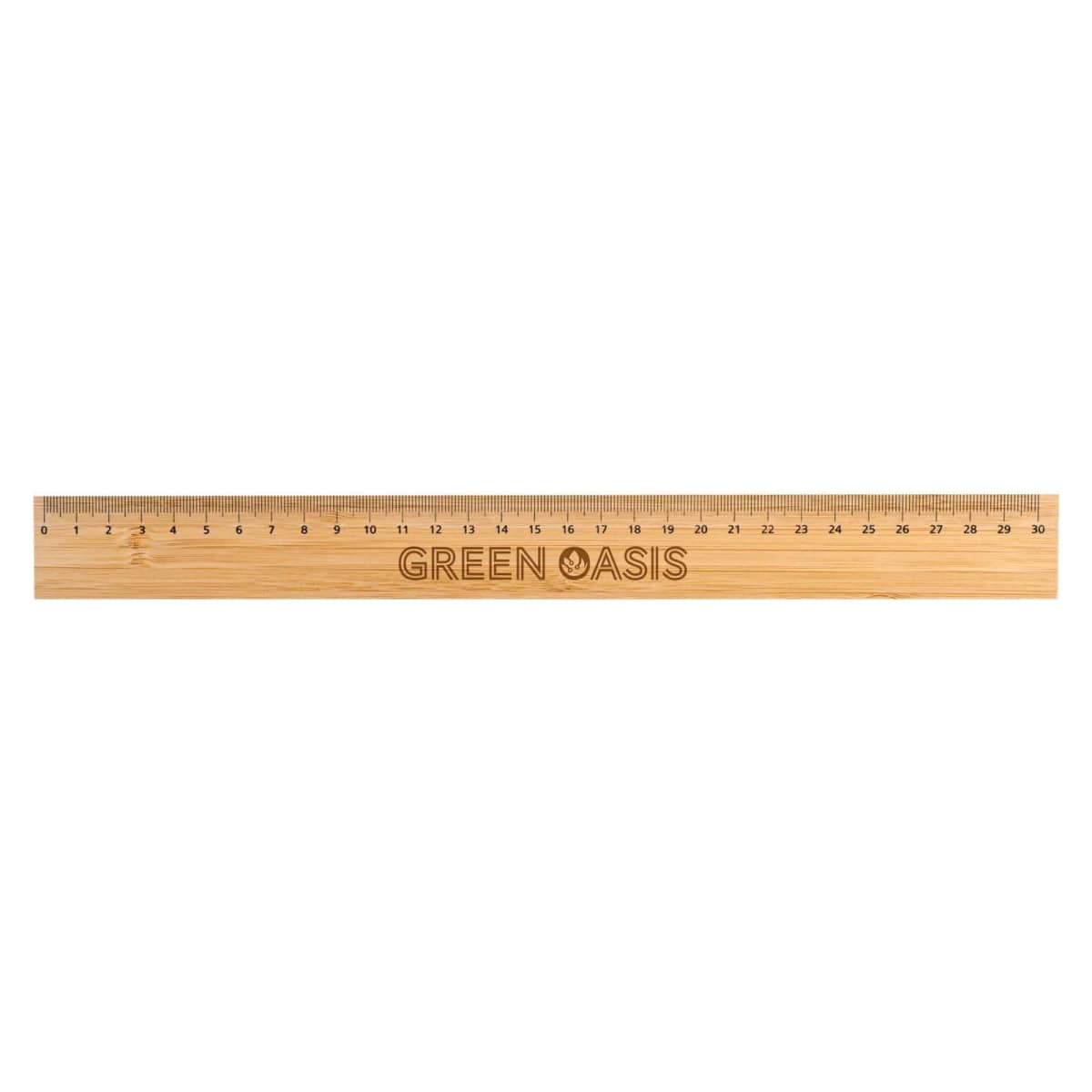 A wooden ruler with measurement markings from 0 to 30 centimeters. The ruler has the text GREEN OASIS engraved in the center.