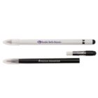 Two stylus pens on a white background. The top pen is white with a Koala Safe Haven logo and a clear cap. The bottom pen is black, labeled Puzzle Dominion, with its cap off, showing the stylus tip.