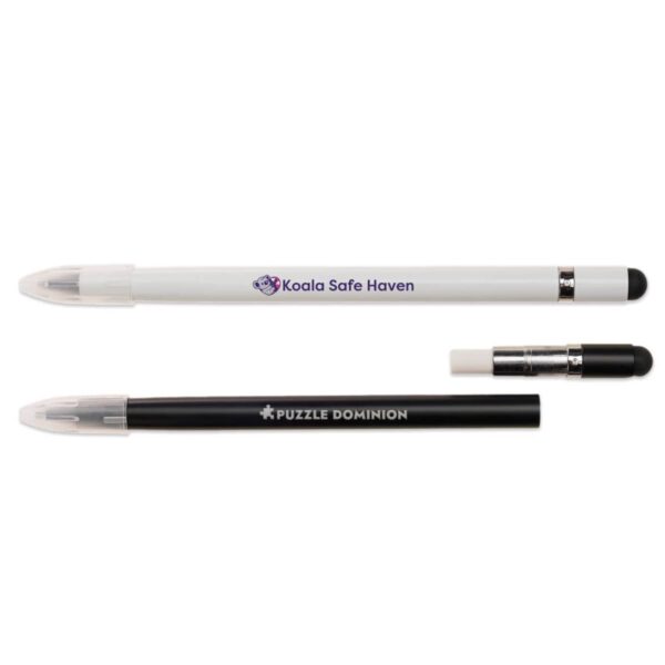 Two stylus pens are shown. The top pen is white with Koala Safe Haven printed in blue. The bottom pen is black with Puzzle Domintion printed in white. Both have clear caps and touch tips on the opposite ends.