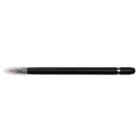 A black ballpoint pen with a clear plastic cap on one end and a black stylus tip on the other. The pen is horizontally aligned against a white background.