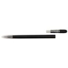A black ink pen with a transparent cap is placed horizontally. The pens cap is removed and positioned to the right of the pen.