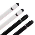 Four stylus pens are arranged diagonally on a white background. There are two black and two white pens, each with a silver ring and a black rounded tip.