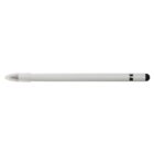 A white pen with a clear cap and a black tip lies horizontally against a plain background.