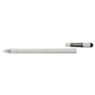 A white stylus pen with a detachable cap. The cap is off, revealing a rubber tip and a metallic connector. The pen appears minimalistic and sleek, designed for digital devices.