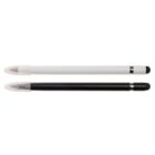 Two stylus pens are placed horizontally. The top pen is white with a clear cap and a black rubber tip. The bottom pen is black with a clear cap and a black rubber tip. Both have a silver ring near the tip.