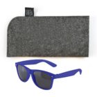 Blue sunglasses with dark lenses placed below a gray felt case. The case has a small black tag indicating it is made from recycled plastic bottles.