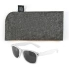 A pair of white sunglasses with dark lenses is placed in front of a gray felt case. A black tag on the case mentions its eco-friendly manufacturing from recycled plastic bottles.