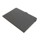 A closed, black notebook with a minimalist design lies on a flat surface. The notebook appears to have a sleek cover, possibly made of faux leather or a smooth material, and is oriented diagonally in the image.