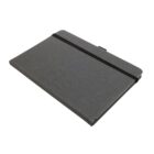 A closed gray notebook with a black elastic band wrapped around it, lying on a plain white surface. The notebook has a slim pen holder on one side.