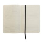 An open lined notebook with a black ribbon bookmark positioned vertically down the right page. The pages are blank and evenly spaced with blue lines. The notebook has a beige cover.