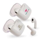 Two white wireless earbuds in semi-transparent charging cases, with logos on top. One case reads Yarra Valley University and the other Urban Pulse FM. Two earbuds and their cases are shown on a white background.