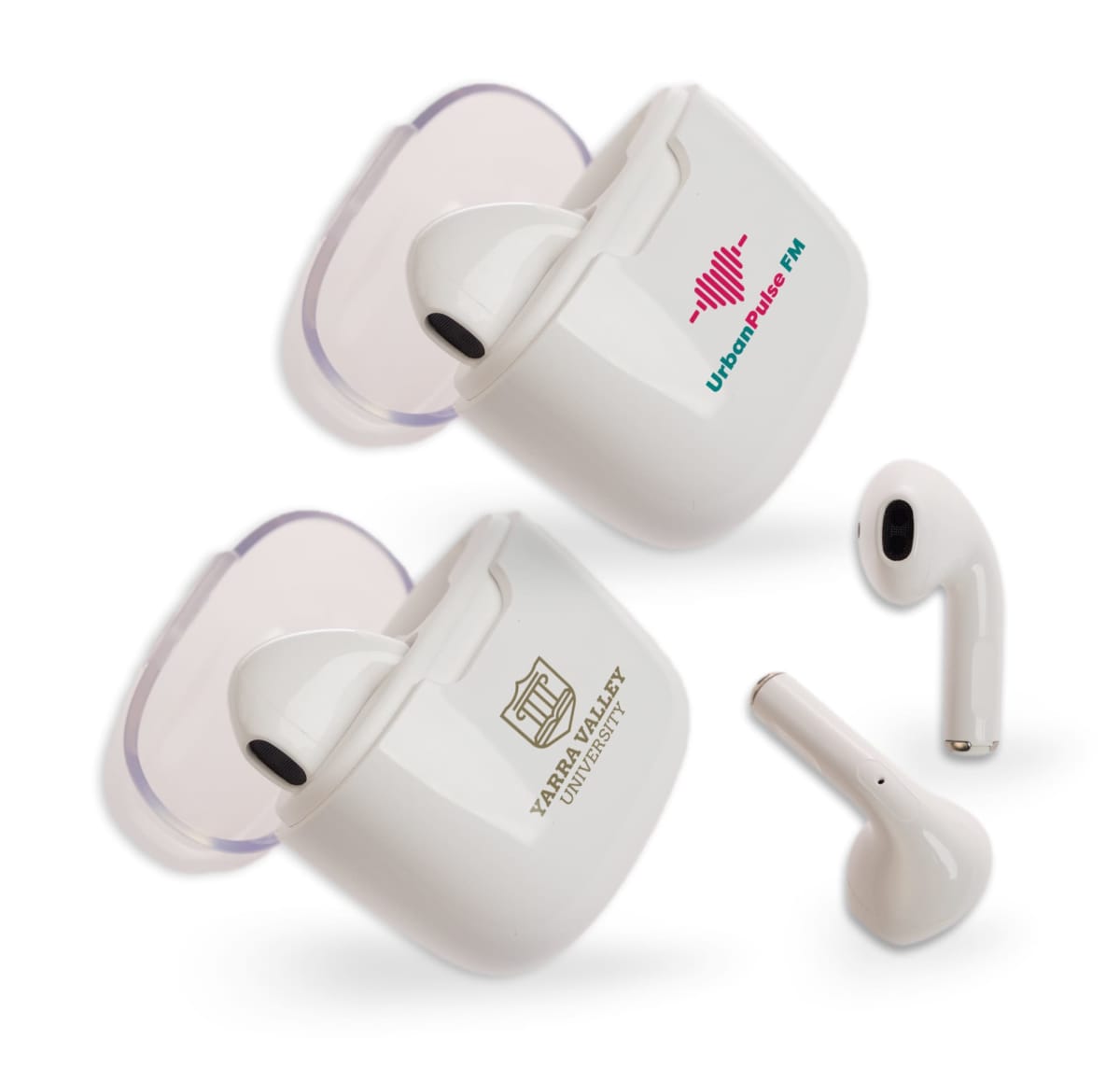 Two white wireless earbuds in semi-transparent charging cases, with logos on top. One case reads Yarra Valley University and the other Urban Pulse FM. Two earbuds and their cases are shown on a white background.
