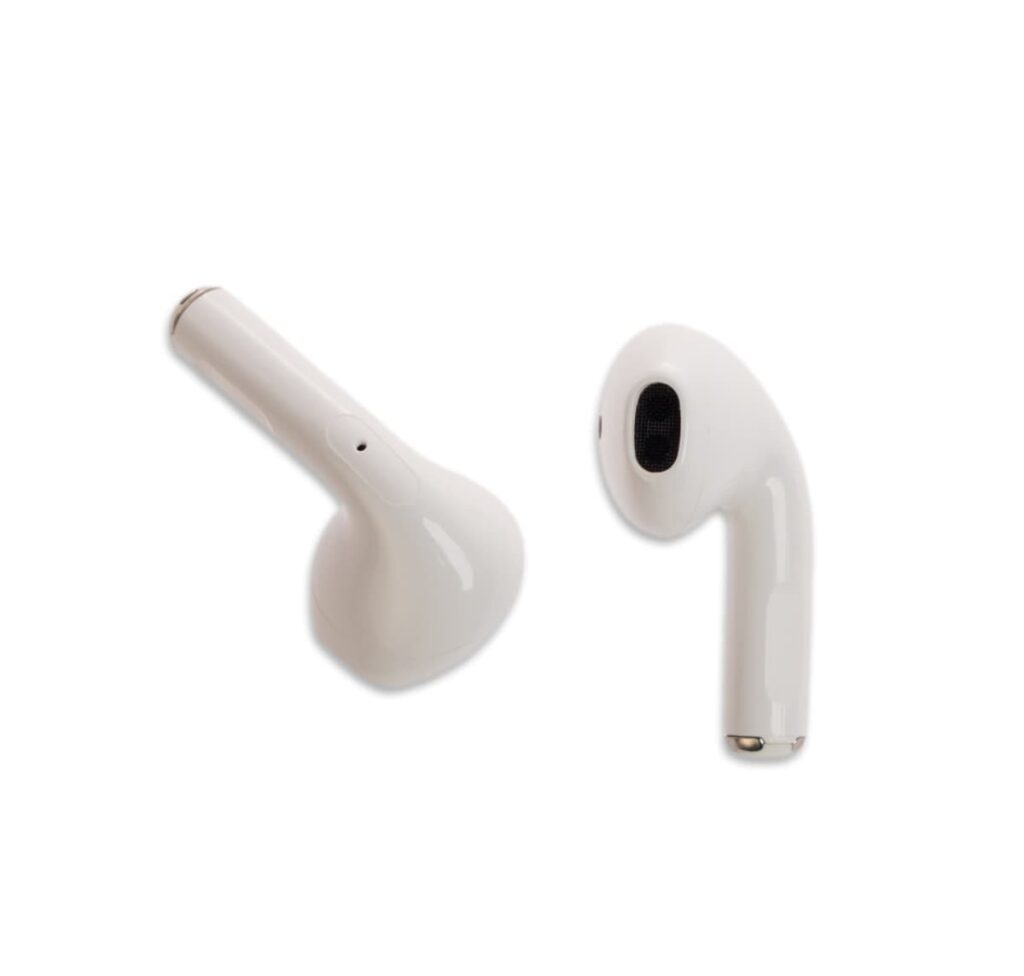 Two wireless white earbuds against a plain white background, positioned at different angles to display their smooth design.