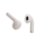 Two wireless white earbuds against a plain white background, positioned at different angles to display their smooth design.
