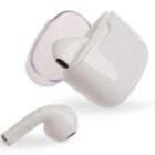 A pair of white wireless earbuds, one resting outside and the other inside an open charging case with a transparent lid. The earbuds are sleek and modern in design.