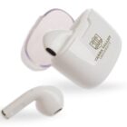 White wireless earbuds with a charging case displaying a Yarra Valley University logo. One earbud is placed outside the case against a plain white background.