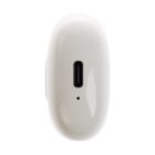 A close-up view of a white charging case for earbuds, showing a USB-C port and a small LED indicator light on its side.