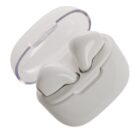A pair of white wireless earbuds resting in an open charging case, displayed against a white background. The case lid is slightly transparent, showing a snug fit for the earbuds.