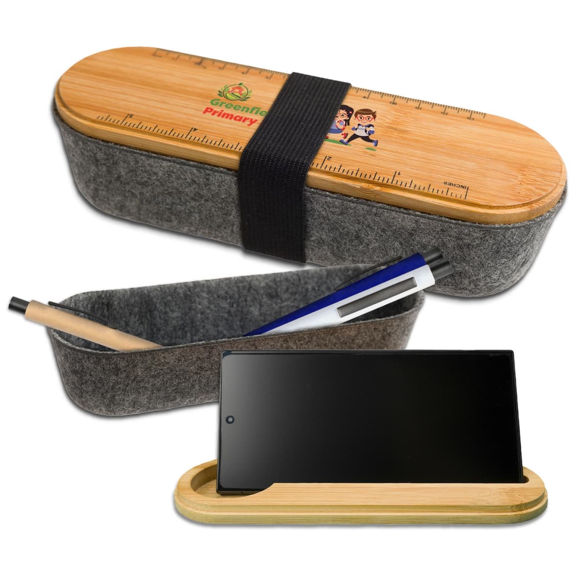 A bamboo and felt pencil case with a ruler on the lid, containing pens. The lid is also a phone stand, as shown holding a smartphone.