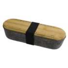 A gray felt pencil case with a wooden ruler lid, secured by a black elastic band. The lid features measurement markings in both centimeters and inches.