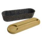 A gray felt container and a wooden lid with a groove for a spoon rest on a white background. The lid fits the container, creating a simple and functional kitchen storage solution.