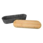 A gray felt oval basket with an open bamboo lid featuring a ruler etched on top. The lid is placed leaning against the basket.