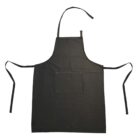A black apron with a neck strap and two long waist ties, featuring a large central pocket on the front.