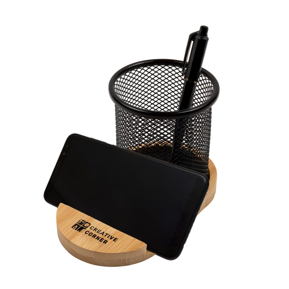 Black pen holder with a pen and wooden base, holding a smartphone in front.