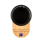 Black basket on a wooden base with blue icons, viewed from above on a white background.