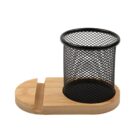 Black mesh pen holder with a bamboo base and a slot for holding a smartphone or cards.