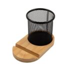 Black mesh pen holder with a wooden base and a groove for holding a smartphone or tablet.