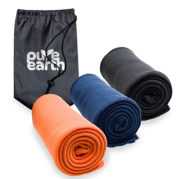 Three rolled towels in orange, blue, and black with a black drawstring bag labeled Pure Earth in white text. The towels are neatly arranged, showcasing their vibrant colors and the bags minimalist design.