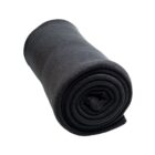 A rolled-up black fleece blanket on a plain white background.