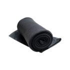 A rolled-up black fleece blanket partially unrolled on a white background.