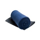 A rolled-up blue towel placed on a black pouch, isolated on a white background.