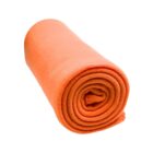 A neatly rolled orange fleece blanket on a white background. The soft fabric appears thick and cozy, showcasing vibrant color and smooth texture.