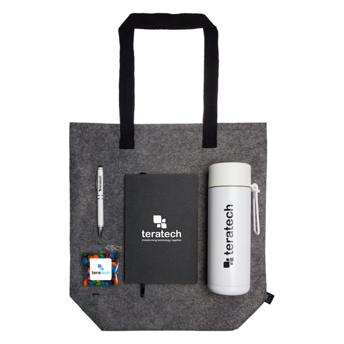 Gray tote bag with a pen, notebook, bottle, and candy container displaying the teratech logo.