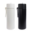 Two insulated water bottles, one white and one black, with loop handles, on a plain background.