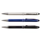 Three ballpoint pens: silver, blue, and black, aligned horizontally.