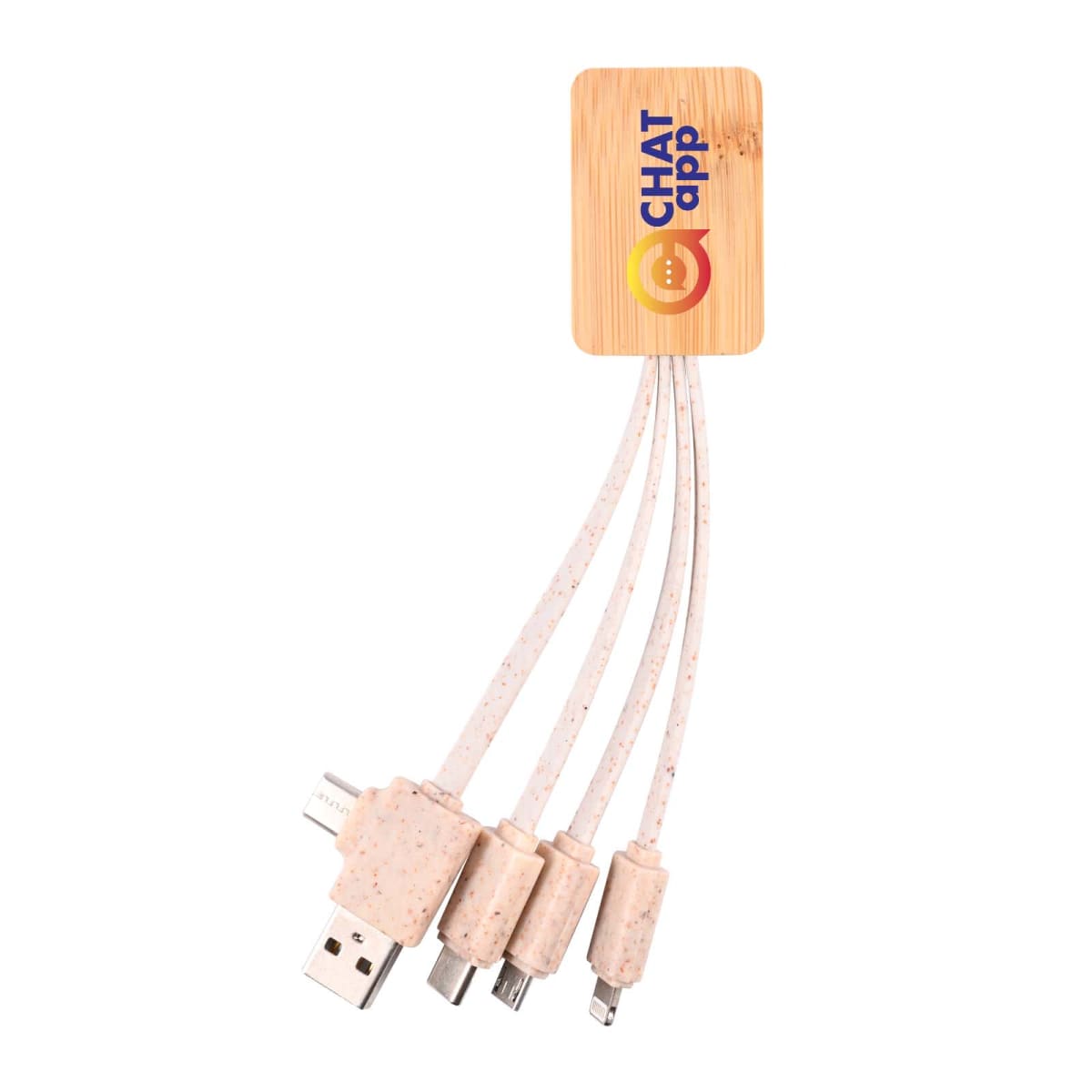 A wooden keychain with the Chat App logo has four attached charging cables: USB, micro-USB, and two other types, all in a speckled beige color.