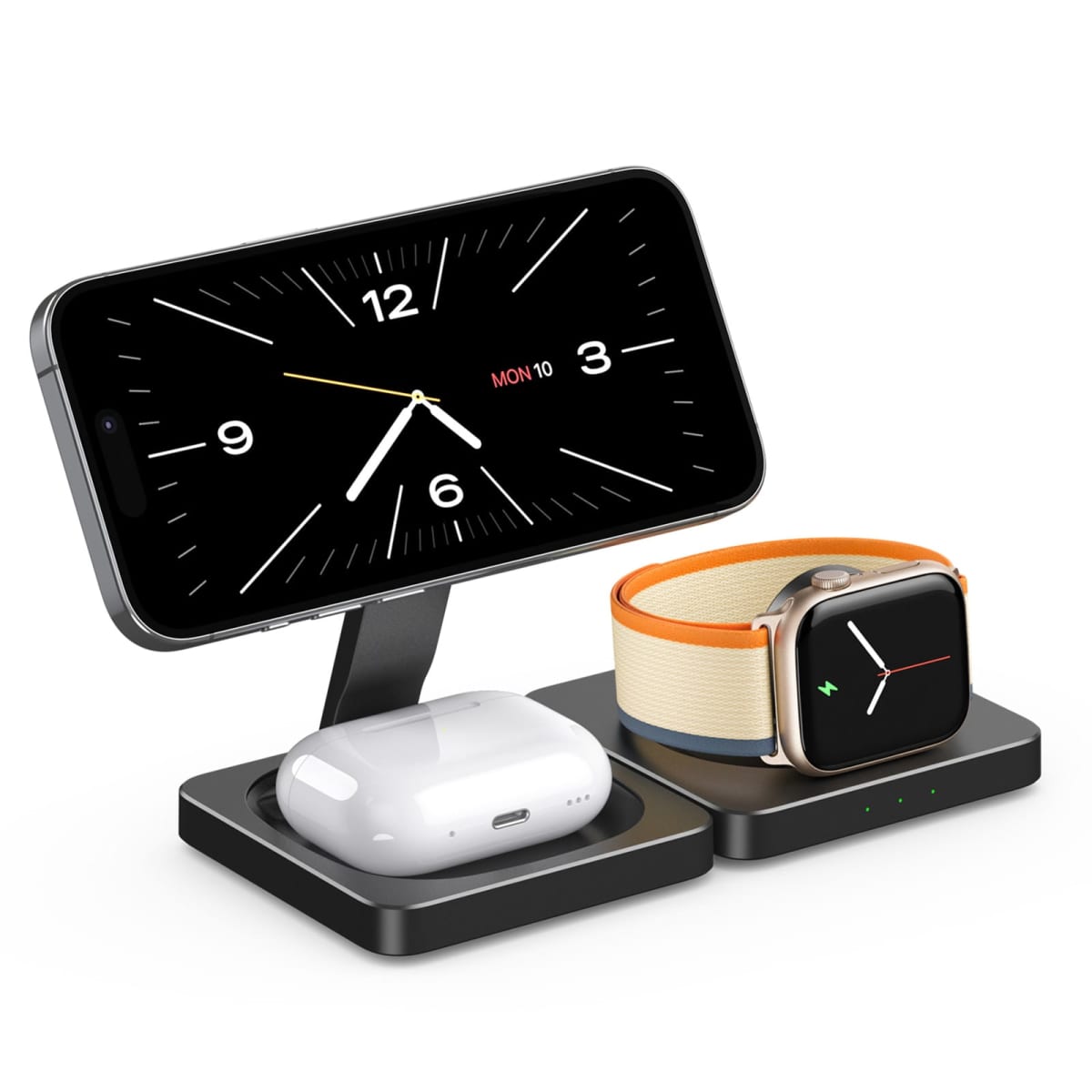 Docking station with a smartphone, wireless earbuds, and a smartwatch charging.