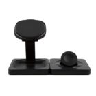 Black wireless charging stand with pads for devices on a white background.