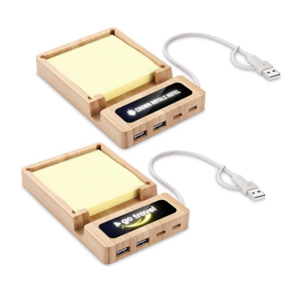 Two wooden USB hub notepad holders with sticky notes and cables.