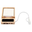 Bamboo USB hub with paper holder and sticky notes, connected by a white cable.